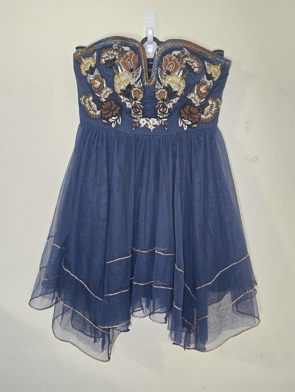 Free People Embroidered Floral Sweetheart Tulle Mini Dress Navy Boho Size 4